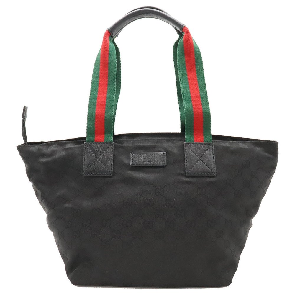 GUCCI GG Nylon Sherry Line Tote Bag Shoulder Canvas Leather Black Green Red 1...